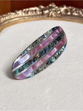 Alpaca Abalone Silver Inlay Barrette Hair Barrette Clip Accessory Vintage